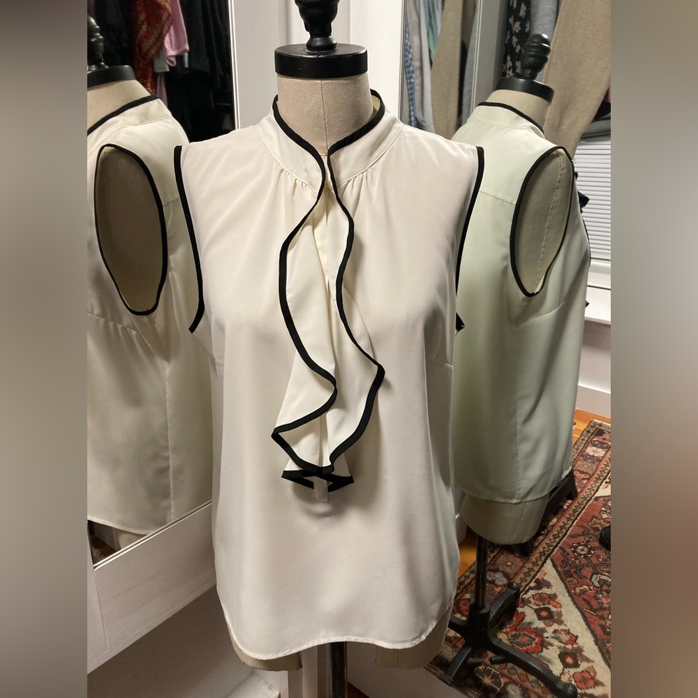 Calvin Klein Cream Sleeveless Ruffle Blouse with Black Trim - Picture 2 of 9